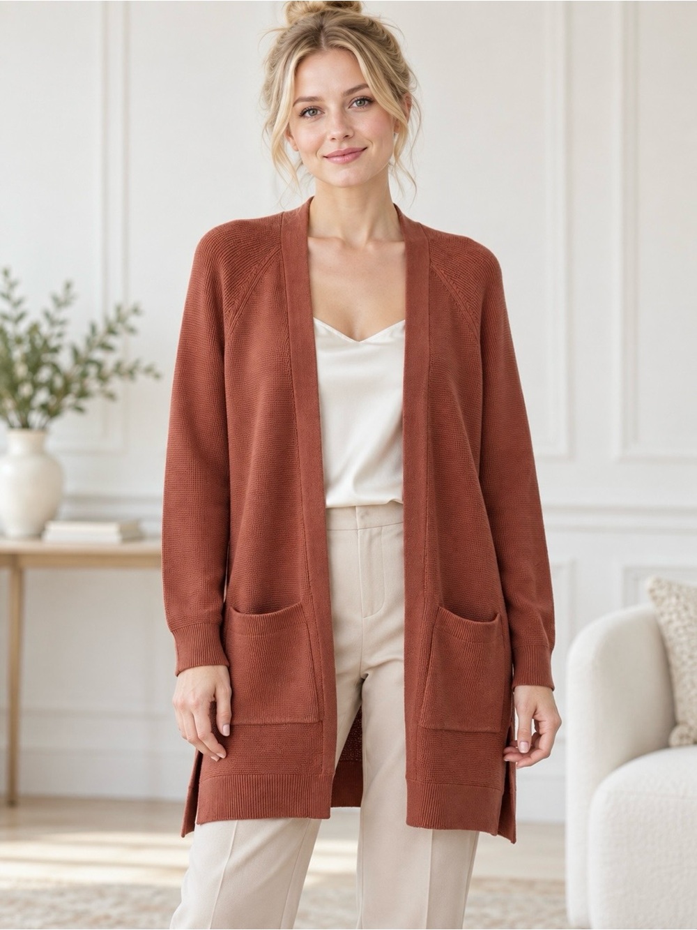 Cyrus Knit Cardigan Sweater Open Long Line Front Patch Pockets Long Sleeve